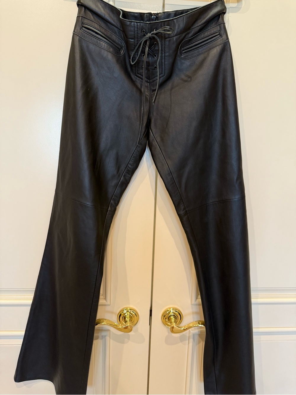 Vintage Y2K Bebe Genuine Leather Lace-Up Flare Pants Black Size 8
